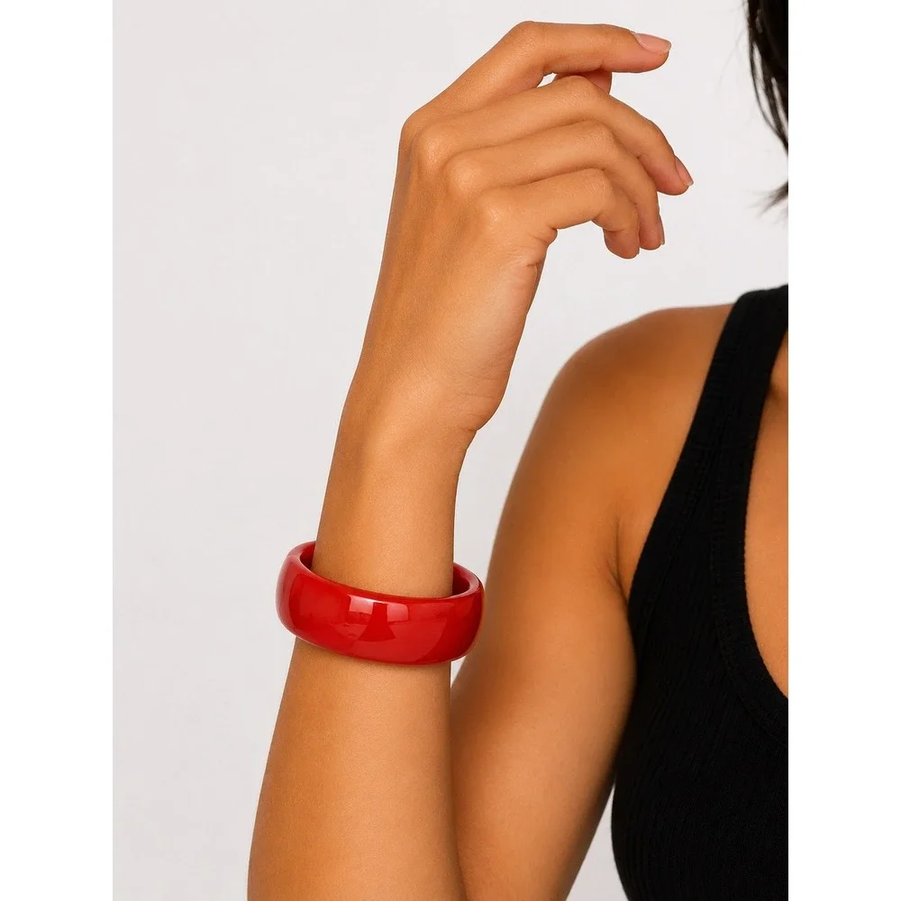 New Red Acrylic Bangle Bracelet Wide Glossy Chunky Statement Cuff Minimalist